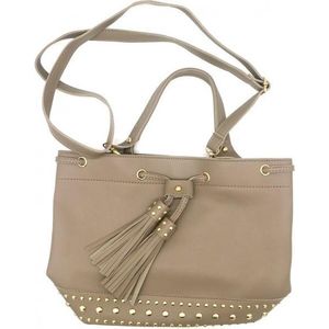 Luxe Schoudertas Dames  - met Verstelbare Band en Druksluiting - Schoudertassen Vrouw - Tassen - Handtassen  - Multifunctioneel  - van Hoogwaardig PU Leer  - Met Studs en Franjes Grijs  36x25x15cm