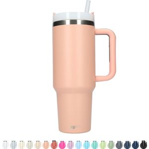 Thermos drinkbeker tumbler 1.2L met handvat en rietje - Vacuüm geïsoleerde drinkfles - Dubbelwandige waterfles - Koffiebeker - Travel mug - Thermosbeker to go - Thermoskan ideaal voor warm en koud weer - 1200 ML - Zalm Roze