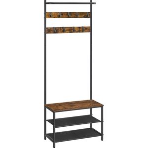 Kledingrek, garderobe, kapstok, kledingstang met 9 afneembare haken, zitbank, industrieel design, voor hal, slaapkamer, vintage bruin-zwart HSR411B01