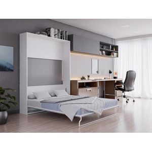 Vente-unique Opklapbaar bed 160 x 200 cm - Verticale handmatige opening - Wit en grijs - MALINA II L 174 cm x H 208.5 cm x D 214 cm