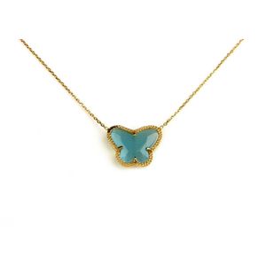 korte zilveren halsketting halssnoer collier geelgoud verguld Model Vlinder met turkoois blauwe steen
