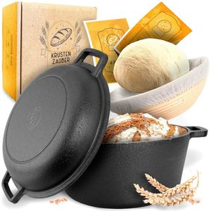 KRUSTENZAUBER® Dutch Oven Ronde 26 cm voor brood bakken inclusief rijsmandje - Robuuste braadpan rond met deksel voor in de oven - Ideale broodvorm, broodbakpan, brood bakvorm gietijzeren pot brood bakken, broodbakaccessoires, broodvorm