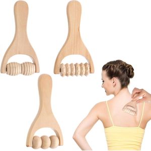 Houten massageroller met handvat - 3 stuks verwisselbare massageroller voor rugspiermassage - handmatig houttherapie-massagegereedschap voor benen, armen, schouders - verlicht spierpijn massage roller