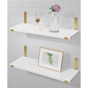 Wandplankset voor slaapkamer woonkamer badkamer keuken - Zwevende planken van witgoud hout met metalen beugels - Set van 2