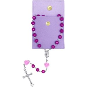 Catholic Rosary Necklace for Communion with Retro Cross Velvet Gift Bag - Purple