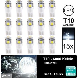 T10 Led Lamp Wit 6000k (Set 15 stuks) Canbus 5W5 | W5W | 5 LED | White| Led Signal Light | 12V | 168 | 194 | 2x | Stadslicht | Kentekenplaat Verlichting | 320 Lumen | 5050 5SMD | Autolamp | Kelvin | Autolampen | Car licht | Lampen |
