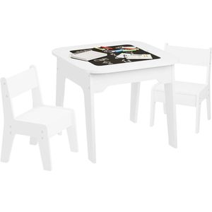 WARRAICH-Kindertafel met 2 stoelen, inclusief opbergruimte en een dubbelzijdig tafelblad, uitgevoerd in wit, perfect voor creatief spel en leren