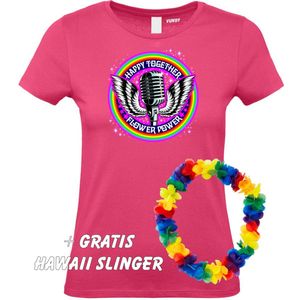 Dames T-shirt Happy Together Flower Power | Love for all | Gay Pride | Regenboog LHBTI | Fuchsia dames | maat XXL