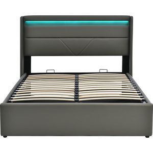 Merax Gestoffeerd Bed met LED Verlichting en Afstandsbediening - Hydraulisch Tweepersoonsbed in Kunstleer - Bedframe 140x200cm - Grijs