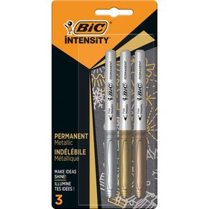 BIC Intensity Metallic Permanent Markers met Kogelpunt voor Lichte en Donkere Poreuze Oppervlakken - 3 Stuks - Zilver, Goud en Brons