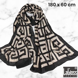 LaGloss® Luxe Geometrische Doolhof Sjaal - Winddicht & Zonbeschermend - Creme Zwart Kleurblok - 180 x 60 cm %%