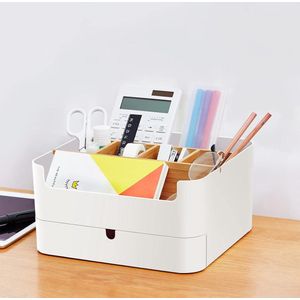 Premium kwaliteit bureau-organizer - pennenhouder wit - multifunctionele bamboe pennenorganizer met 6 vakken - antislip lade - kinderen