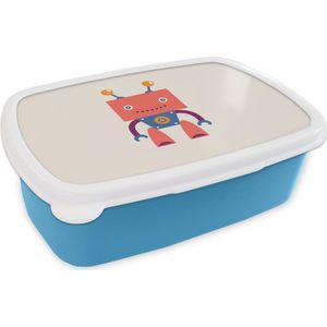 Broodtrommel Blauw - Lunchbox - Brooddoos - Robot - Tandwiel - Gezicht - Antenne - Kids - Jongetjes - 18x12x6 cm - Kinderen - Jongen