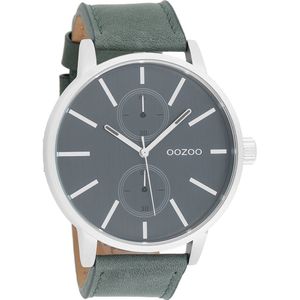 OOZOO Timepieces - Zilverkleurige horloge met groene leren band - C10500