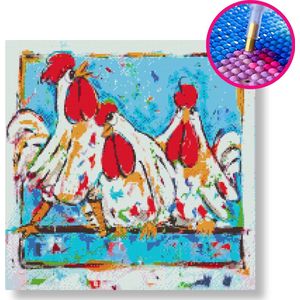 3 kippen op stok | Diamond painting | 80x80cm | Vierkante steentjes | Op frame gespannen | Vrolijk Schilderij | Corrie Leushuis