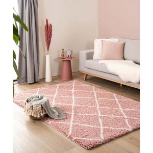 Hoogpolig vloerkleed ruiten Artisan - roze/wit 100x200 cm