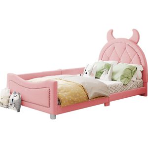 Merax Kinderbed in Teddy Stof - Gestoffeerd Bed 90x200 - Slaapbank - Eenpersoonsbed - Roze