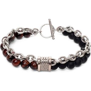 Zentana Balans Armband - Rode Tijgeroog & Onyx - RVS Schakelarmband