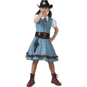 Funny Fashion - Cowboy & Cowgirl Kostuum - Snel Schot Sue Saloon Cowgirl - Meisje - Blauw - Maat 116 - Carnavalskleding - Verkleedkleding