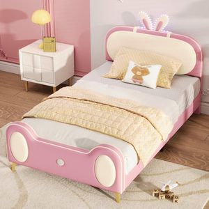 Gestoffeerd bed met konijnenhoofdeinde - eenpersoonsbed kinderbed met LED-strip - massief houten lattenbodem en ijzeren buisframe - MDF + PU-leder materiaal - beige + roze 90x200cm