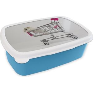 Broodtrommel Blauw - Lunchbox - Brooddoos - Hamster in een winkelwagen - 18x12x6 cm - Kinderen - Jongen