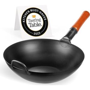 Koolstofstalen woks en wokpannen - 34 cm voorgebakken wokpan Koolstofstaal platte bodem - Traditionele wok voor inductiekookplaten - Compatibel met gas-elektrische fornuizen Grill Inductievuur