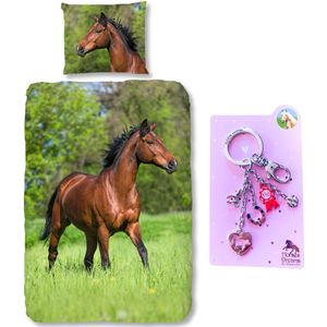 Good Morning Dekbedovertrek bruin Paard-140 x 220 cm, Paarden dekbed-katoen, met metalen sleutelhanger set roze
