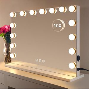 Grote Make-up Spiegel met Verlichting - Verlichte Spiegel met 15 Dimbare Lampen - Tafelblad of Wandmontage - Hollywood Stijl Grote Kaptafel Spiegel met 3 Gekleurde Lampen - Wit