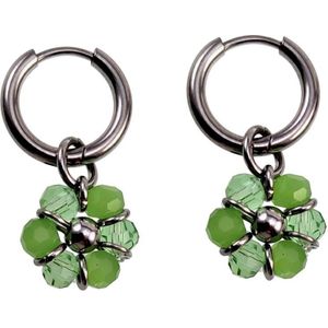 ∅14mm x 2mm Oorringen Dames - Gepolijst RVS - Lichtgroene Gefacetteerde Kristallen Bloem Hanger - Bungelende Oorbellen