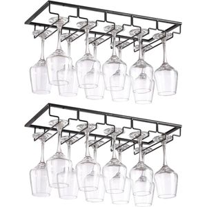 Wine Glass Holders - Metal Glass Rail Holder Under Cabinet Wine Glass Rack for Home Bar Kitchen Pub Restaurant (Black, 2 pcs, 5 rows)