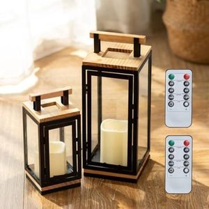 Selbro ® Houten Kaars Lantaarns Set: 34cm en 23,5cm Grote LED Pilaar Kaars Decoratieve Opknoping Lantaarn voor Binnen en Buiten
