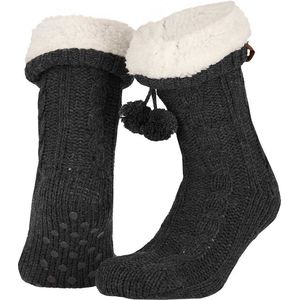 Apollo - Dames huissokken met antislip - Antraciet - Maat 36/41 - Huissokken dames - Fluffy sokken - Slofsokken - Huissokken anti slip - Warme sokken - Winter sokken