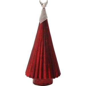 PTMD Kerst glazen kerstboom rood met hert in top - Christmas marcia red glass tree statue deer top s