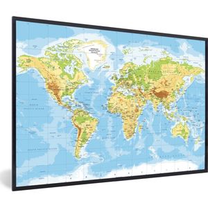 Fotolijst incl. Poster - Wereldkaart - Staatkundig - Blauw - Aarde - Educatief - 60x40 cm - Posterlijst