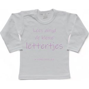 Shirt Aankondiging zwangerschap ""Lees altijd de kleine lettertjes (ik word grote zus)"" | lange mouw | Wit/lila | maat 92 zwangerschap aankondiging bekendmaking Baby big bro Sis Sister