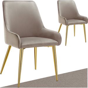 tectake® Eetkamerstoel Avane - Fluweeloptiek - Ergonomische gestoffeerde stoel met gouden stalen poten - Draagkracht 120 kg - Moderne eetkamer- en keukenstoel - Set van 2 - Taupe