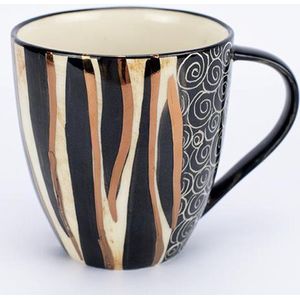 Koffiemok / Theebeker - Koffiekopjes - Letsopa Ceramics -  Model: Zebra Zwart-wit-goud | Handgemaakt in Zuid Afrika - hoogwaardig keramiek - speciaal gemaakt voor Nwabisa African Art - Prachtig om kado te doen of zelf te gebruiken