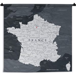 Wandkleed Kaart Frankrijk - Donkergrijze kaart van Frankrijk Wandkleed katoen 180x180 cm - Wandtapijt met foto
