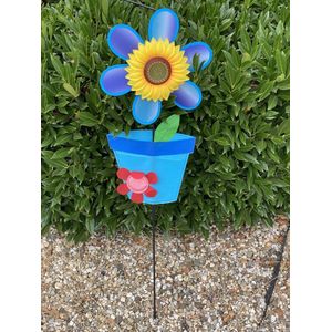 Windmolen met dubbele bloem - blauw + zonnebloem - nylon + kunststof steker- dia 28+16 cm x hoogte 82 cm - Tuinaccessoires - Tuinstekers