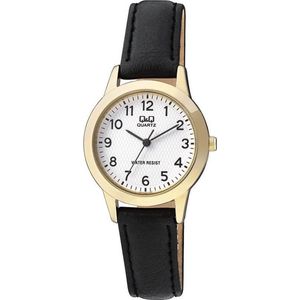 Q&Q Q947J104Y - Horloge - Analoog - Dames - Vrouwen - Leren band - Rond - Staal - Cijfers - Zwart - Goudkleurig - Wit