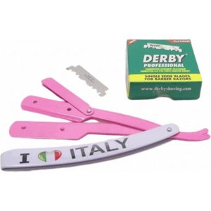 Barbermes - Shavette - Klassieke scheermes - I Love Italy + 100 Derby Professional scheermesjes- Derby Professional single edge Blades - Kwalitatief hoogwaardige verwisselbare scheermesjes - verfijnd en intensief bewerkt Zweeds koolstofstaal