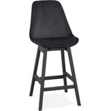 Halfhoge design barkruk 'MORISS MINI' in zwart fluweel en poten in zwart hout