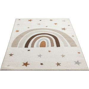 the carpet Beat Kids modern zacht kindertapijt, zachte pool, gemakkelijk te reinigen, kleurecht, regenboogmotief, crème met regenboog en sterren, 160 x 220 cm