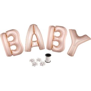 Folie ballonset roze met letters BABY 102 cm + geschenklint 10m met 4 witte strikken