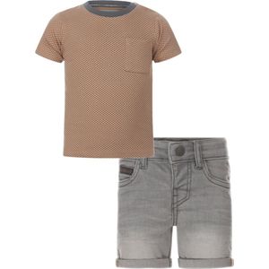 Koko Noko - Kledingset - Jongens - Short Grey Jeans - Shirt bruin met antraciet stippen en kraag - Maat 98