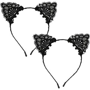 Chaks Verkleed diadeem - 2x - katten oren - met kant - zwart - kat/poes verkleed accessoires