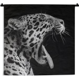 WandkleedDieren - Zwart-wit portret van een gapende jaguar Wandkleed katoen 60x60 cm - Wandtapijt met foto