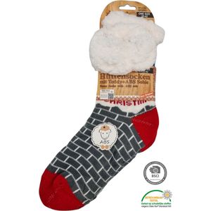 Antonio Huissokken - Huissokken Kerst Schoorsteen - Rood Grijs - Dames - Antislip ABS - One Size (35-42) - Hüttensocken - Warme Sokken - Warme Huissok - Kerstcadeau voor vrouwen