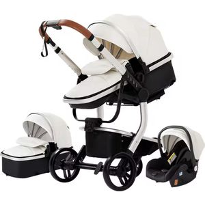3 in 1 kinderwagen - PU leer Kinderwagen - Bedje - Buggy - Autostoel - Opvouwbaar - Magnesium alloy frame - PU leer - Wit/Zwart/Zilver