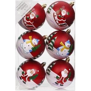 6x Rode kerstballen 8 cm kunststof met print - Onbreekbare plastic kerstballen - Kerstboomversiering rood